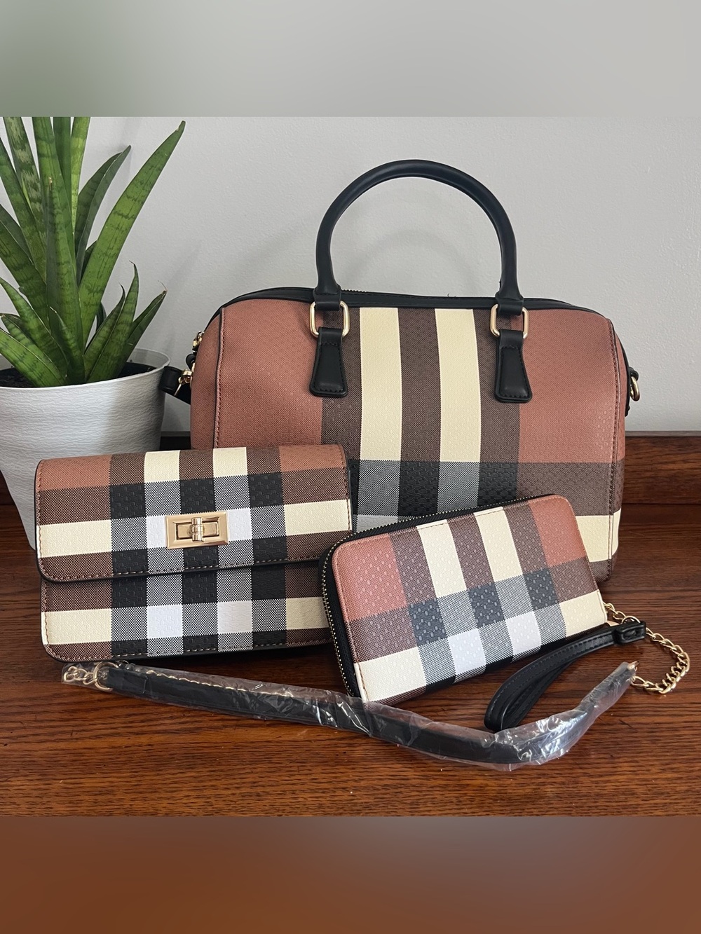 NWT Black Brown White Coordinating SET LOT Vegan Handbag Crossbody Purse Wallet